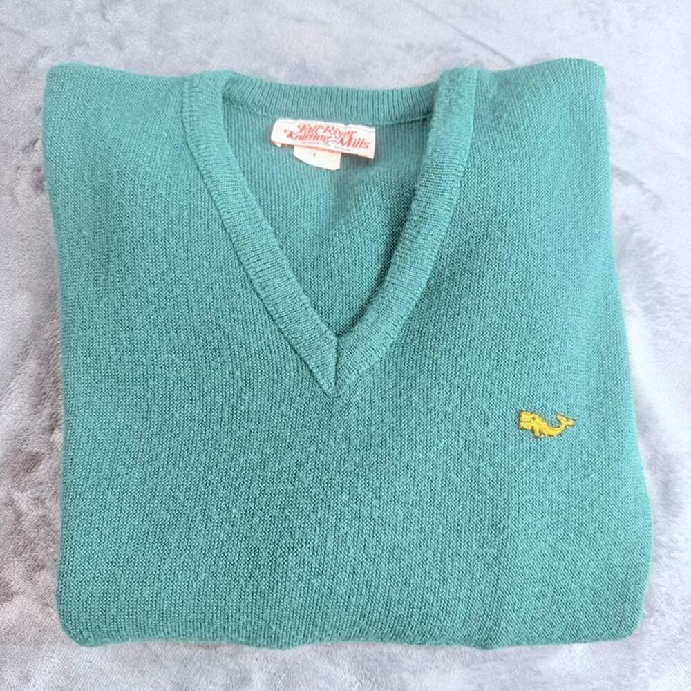 Vtg Fall River Knitting Mills Sweater Pullover V Neck Sz M Green Made in USA